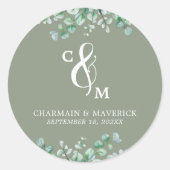 Sticker Rond Élégant Monogramme Sage Mariage vert (Devant)