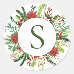 Sticker Rond Élégant Monogramme Vacances hiver Wreath