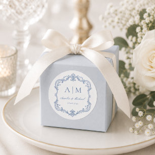 Sticker Rond Élégant Monogramme Vintage Mariage Bleu Poussiére