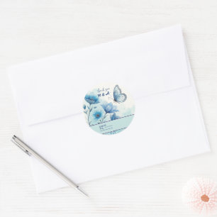Sticker Rond Élégant motif floral et papillon personnalisé bleu