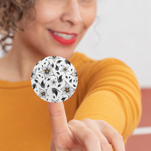 Sticker Rond Élégant motif floral noir et blanc