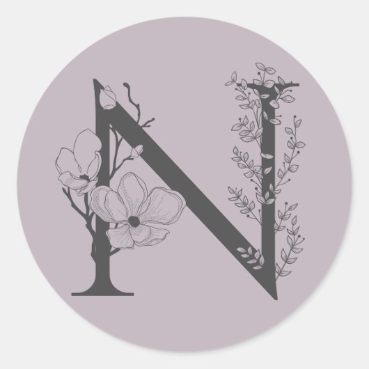 Sticker Rond Élégant N Boho Floral Monogramme initial Lilac Gre (Devant)