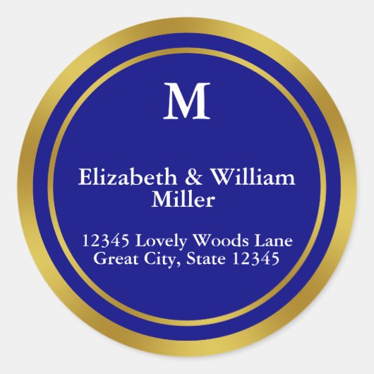 Sticker Rond Elegant Navy Blue et Gold Monogram Adresse (Devant)