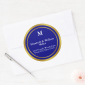 Sticker Rond Elegant Navy Blue et Gold Monogram Adresse (Enveloppe)