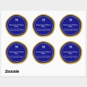 Sticker Rond Elegant Navy Blue et Gold Monogram Adresse (Feuille)