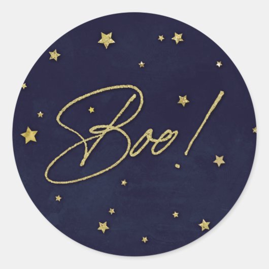 Sticker Rond Elégant Navy+Gold Scattered Stars Boo! Halloween (Devant)