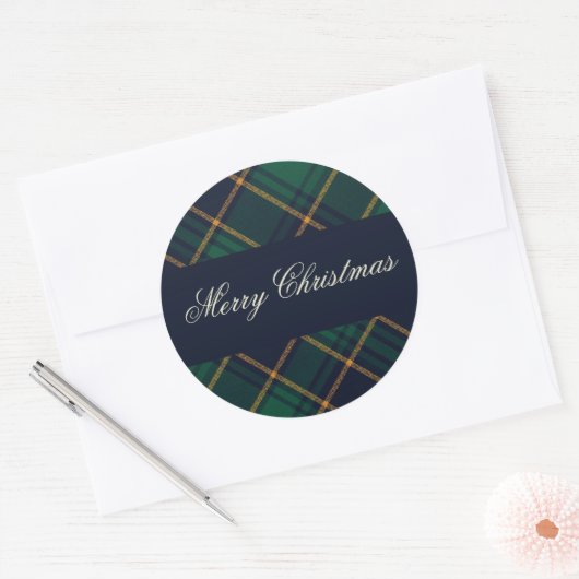 Sticker Rond Elegant Navy Green Plaid Christmas (Enveloppe)