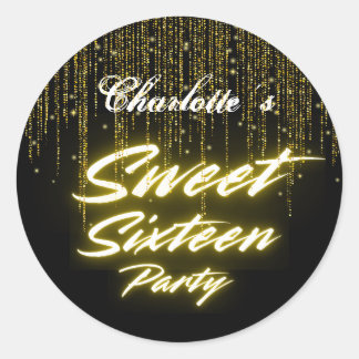 Sticker Rond Elégant néon or noir rétro Sweet 16e anniversaire