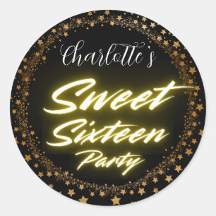 Sticker Rond Elégant néon or noir Retro Sweet 16e anniversaire