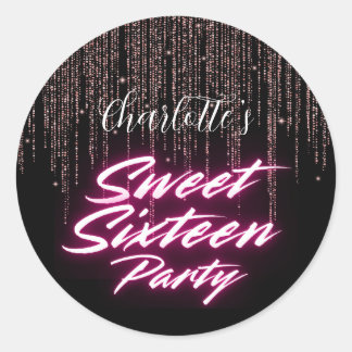 Sticker Rond Elégant néon rose noir rétro doux 16e anniversaire