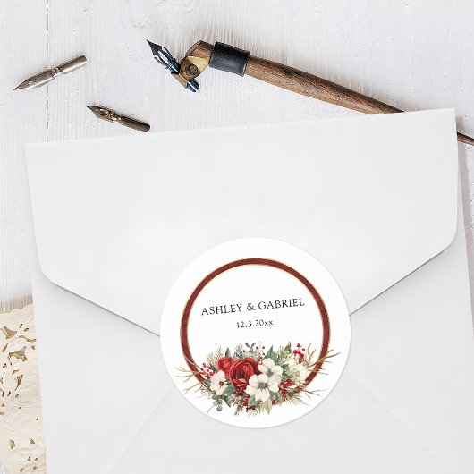 Sticker Rond Élégant Noël Rouge Damas Floral