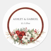 Sticker Rond Élégant Noël Rouge Damas Floral (Devant)