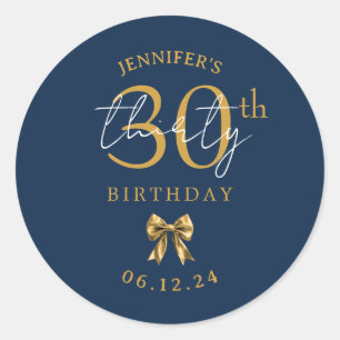 Sticker Rond Élégant Nœud Coquette Or 30e Anniversaire Bleu Mar
