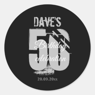 Sticker Rond Elégant Noir 50ème N'importe quel âge Anniversaire