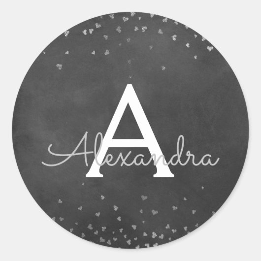 Sticker Rond Élégant Noir - Argent Confetti Monogramme à huile (Devant)