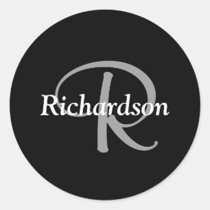 Sticker Rond Élégant noir blanc et gris argenté monogramme