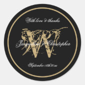 Sticker Rond Élégant Noir Blanc Or Monogramme Nom Chic Script (Devant)