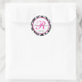 Sticker Rond Elégant noir blanc rose chaud Mariage damassé (Sac)