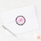 Sticker Rond Elégant noir blanc rose chaud Mariage damassé (Enveloppe)