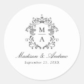 Sticker Rond Elégant Noir Chinoiserie Crest Monogramme Mariage (Devant)