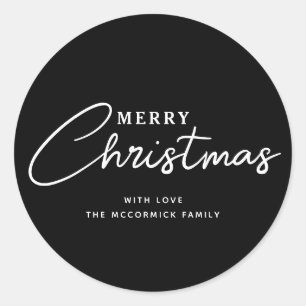 Sticker Rond Élégant Noir Et Blanc Joyeux Script de Noël