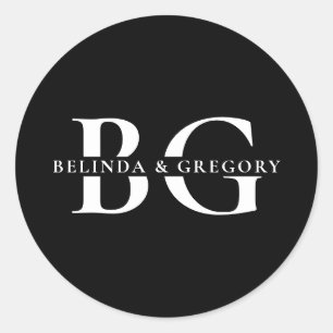 Sticker Rond Élégant Noir et Blanc Monogramme Initiales Mariage