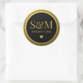 Sticker Rond Élégant Noir Et Or Mariage Initiales Monogrammes (Sac)