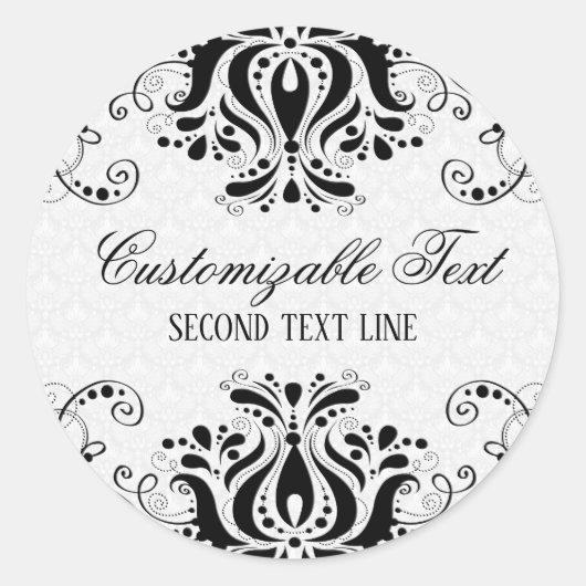 Sticker Rond Élégant noir floral dentelle & damas blancs (Devant)