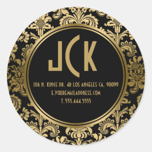 Sticker Rond Élégant noir & or Motif de Damas Floral