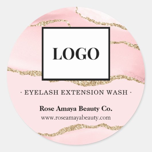 Sticker Rond Élégant noir rose marbre Agate beauté Lash Logo (Devant)