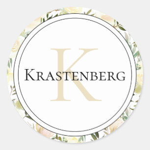 Sticker Rond Élégant nom de famille personnalisée sur Roses de 