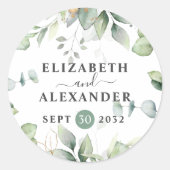 Sticker Rond Elégant nom d'eucalyptus vert et date mariage (Devant)