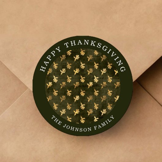 Sticker Rond Elegant Oak Leaves Green Thanksgiving