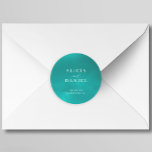 Sticker Rond Elégant océan bleu destination été mariage<br><div class="desc">Whimsical moderne mer océan mer plage mariage enveloppe d'invitation sceau ou favoriser emballage rond autocollant en bleu turquoise avec étoiles de mer et script de typographie blanche. Un choix parfait pour une plage moderne, en bord de mer, en bord de mer, côtière, tropicale, nautique, croisière ou mariage de destination d'île....</div>