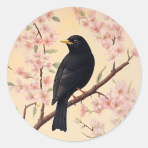 Sticker Rond Élégant oiseau noir en fleurs