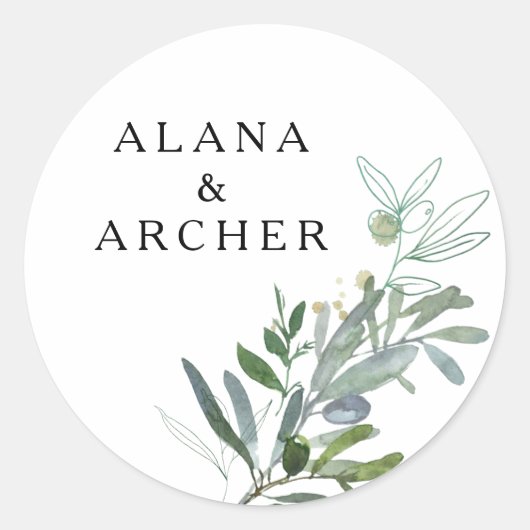 Sticker Rond Elégant Olive Greenery Mariage Enveloppe Phoques (Devant)