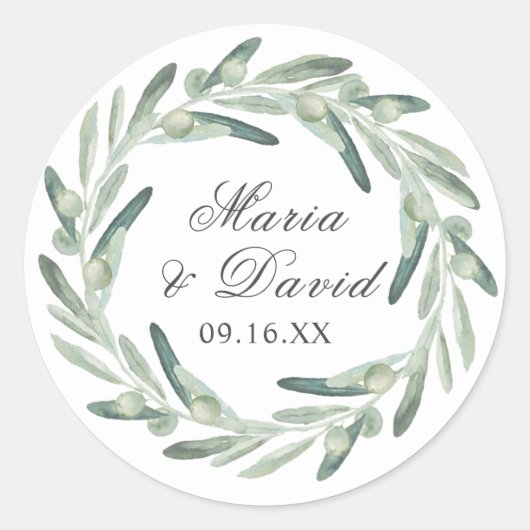 Sticker Rond Élégant Olive Sprig vert Script (Devant)