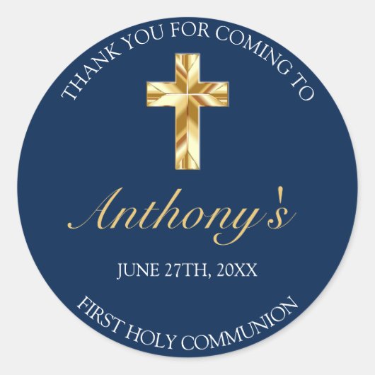 Sticker Rond Elégant Or Bleu Première Sainte Communion Merci (Devant)
