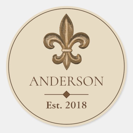 Sticker Rond Elégant or fleur de Lis & Nom de famille (Devant)