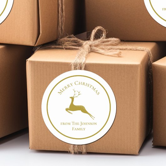 Sticker Rond Élégant or Joyeux Noël Reindeer Cadeau personnalis