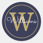 Sticker Rond Élégant or Monogramme Nom du script Marine Blue (Devant)