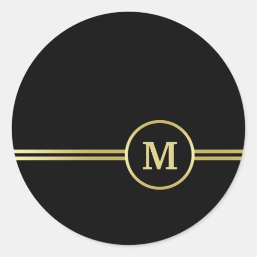 Sticker Rond Élégant or Monogramme personnalisé sur noir (Devant)