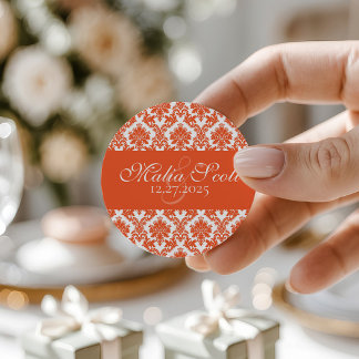 Sticker Rond Elégant orange blanc Mariage damassé Favoriser