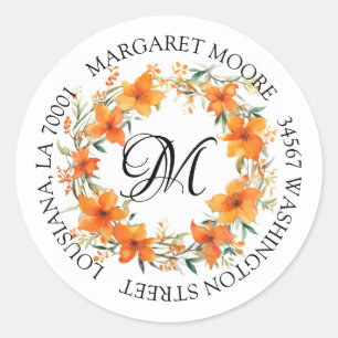 Sticker Rond Élégant Orange Floral Script Monogramme Adresse