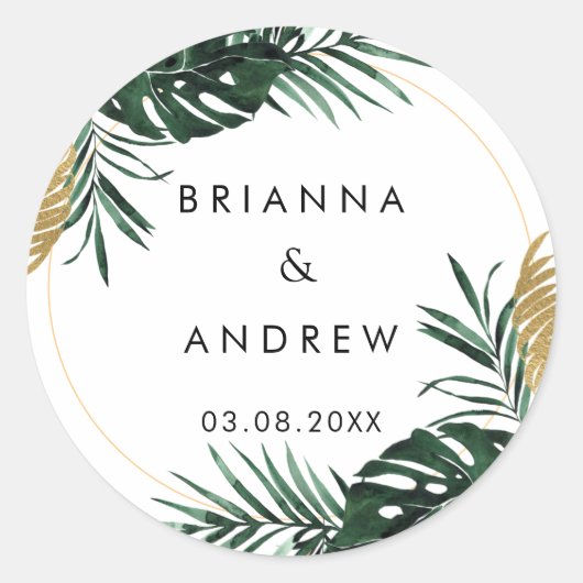 Sticker Rond Élégant, Palme Verte, Bordure Or (Imitation) (Devant)