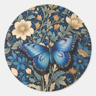 Sticker Rond Elégant Papillon Bleu William Morris Inspiré