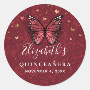 Sticker Rond Élégant Papillon Or et Bourgogne pour Quinceañera