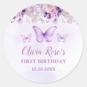 Sticker Rond Elégant papillon violet 1er anniversaire fête (Devant)
