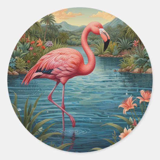Sticker Rond Élégant paradis tropical flamand rose (Devant)