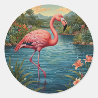 Sticker Rond Élégant paradis tropical flamand rose